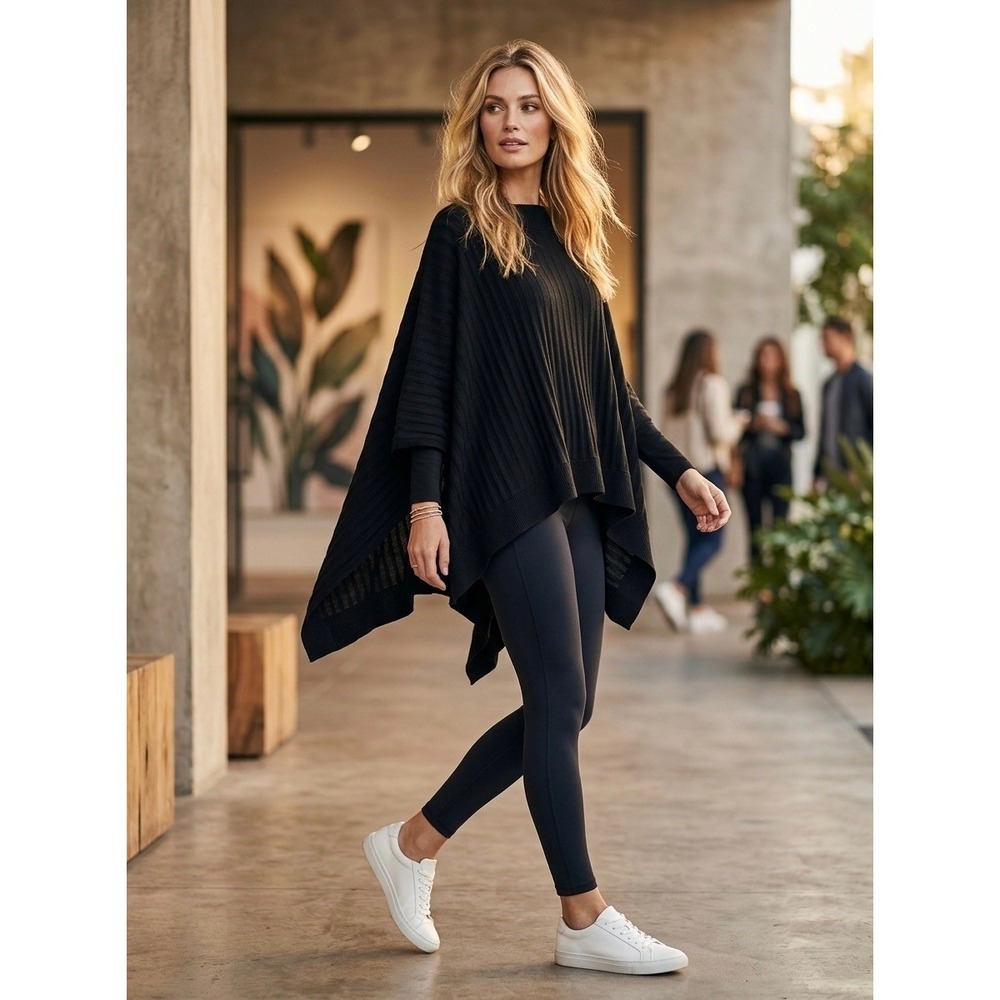 Lululemon Forward Fold Poncho Black Ribbed Silk Blend Knit Wrap OS Wrap Sweater